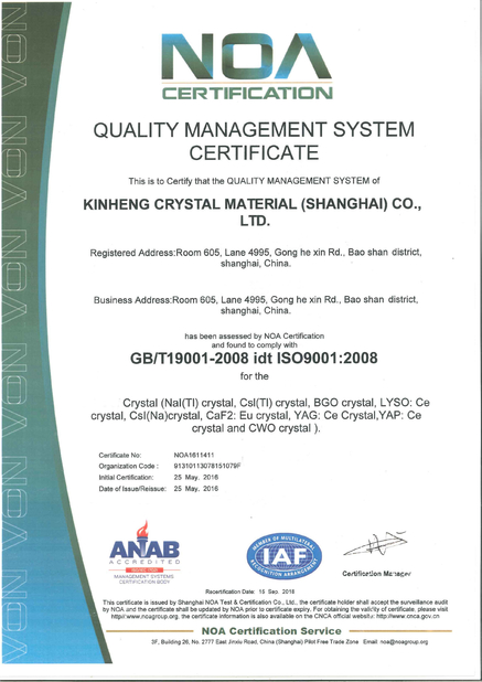 Porcellana Kinheng Crystal Material (Shanghai) Co., Ltd. Certificazioni